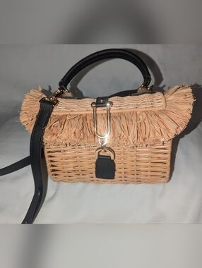 Pulicati Italy Wicker Woven Raffia Fringe Crossbody with Leather Trim